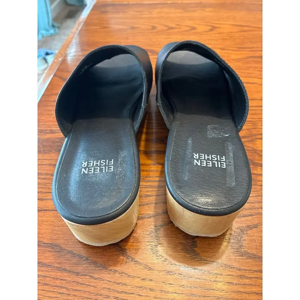 Eileen Fisher Novel Slides Black Leather Wedge Sandal Women's Size 8.5